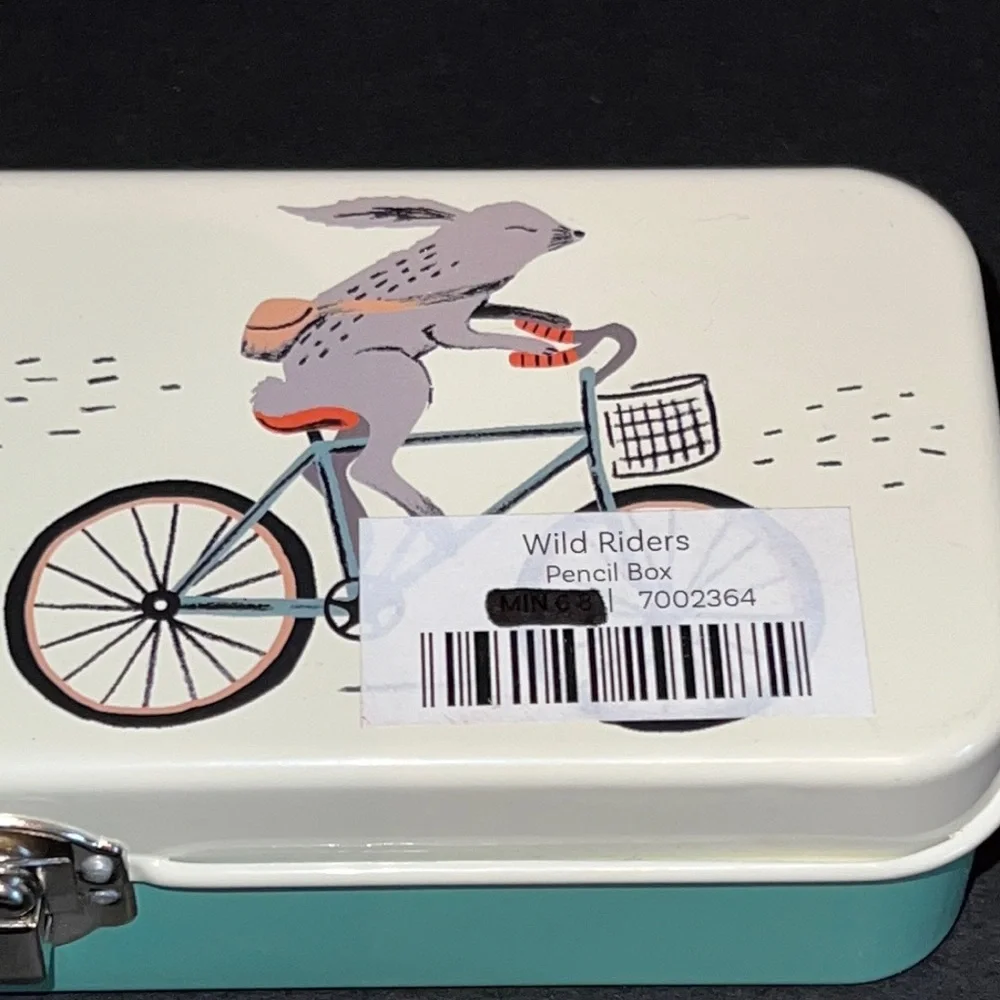 rabbits/aardvark/ostrich/caribou “Wild Rider” design metal pencil box & cup-NWT